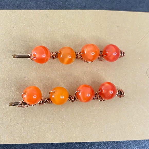 Tangerine Orange Round Beads Bobby Pins - Picture 1 of 6